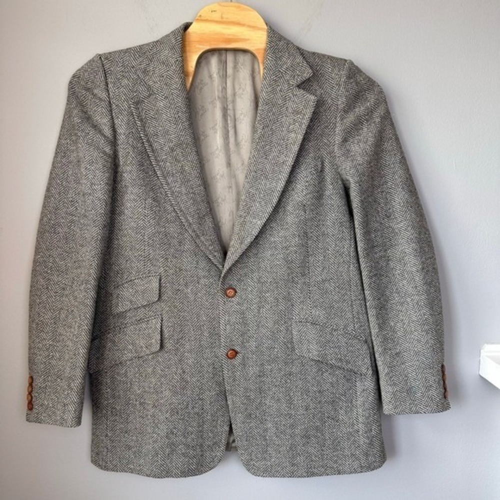 Vintage Men Tweed Herringbone Blazer Sport‎ Coat 44R Classic British Academia